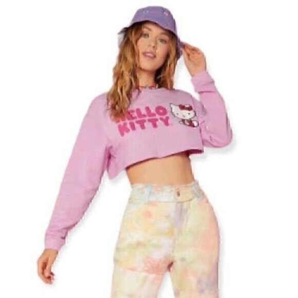 Hello Kitty Cropped Long Sleeve Pink Top Size Large - Picture 2 of 11